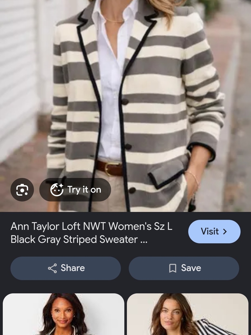 LOFT Gray and Cream Striped Blazer Cardigan with Black Trim, P2P 18"